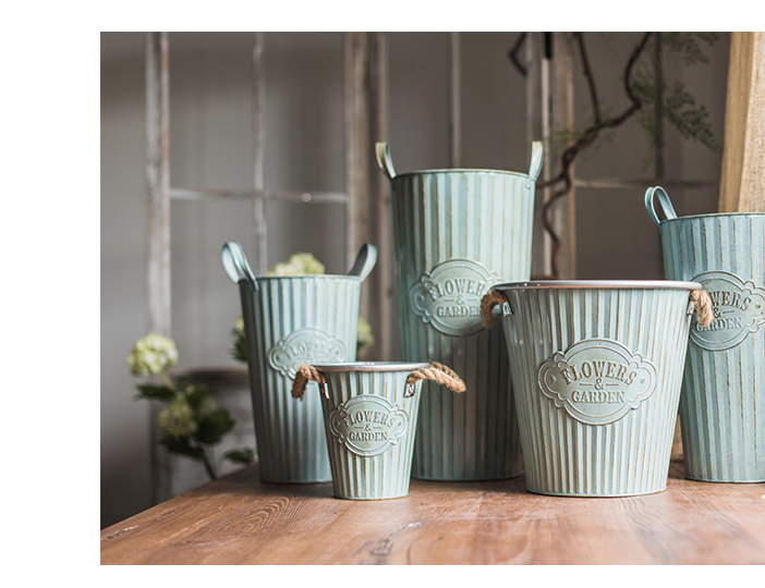 Vintage Aqua Blue Tin flower pot