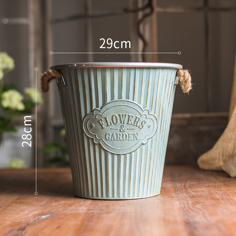 Vintage Aqua Blue Tin flower pot