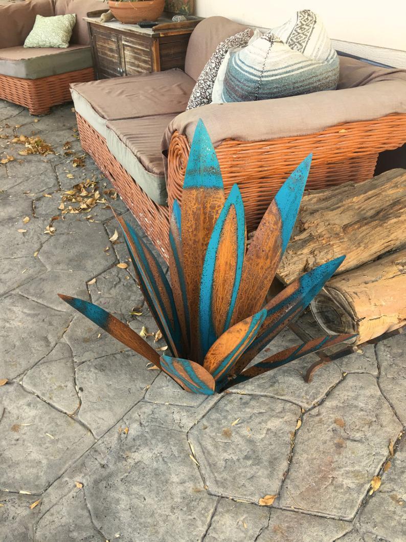 Turquoise and Copper Agave Plant: Metal Garden Sculpture