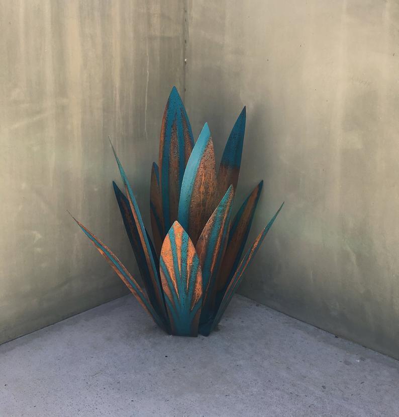 Turquoise and Copper Agave Plant: Metal Garden Sculpture