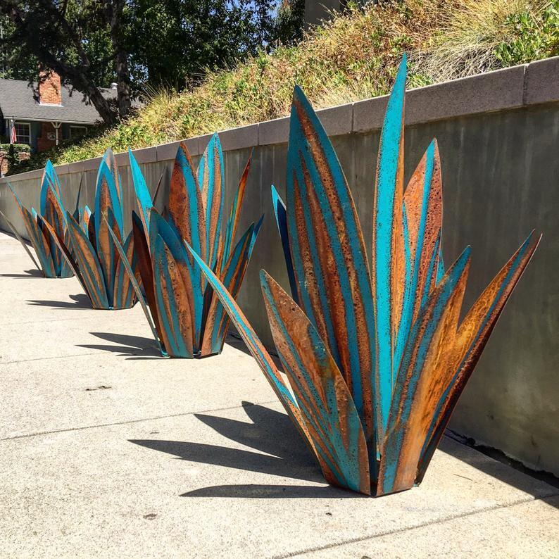 Turquoise and Copper Agave Plant: Metal Garden Sculpture