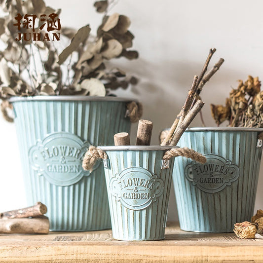 Vintage Aqua Blue Tin flower pot